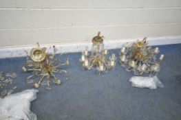 THREE BRASS AND GLASS CHANDELIERS, all with glass decorations and droplets (condition report: all