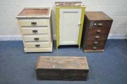 A STAINED PINE CHEST OF FIVE DRAWERS, width 43cm x depth 54cm x height 74cm, a painted panel single