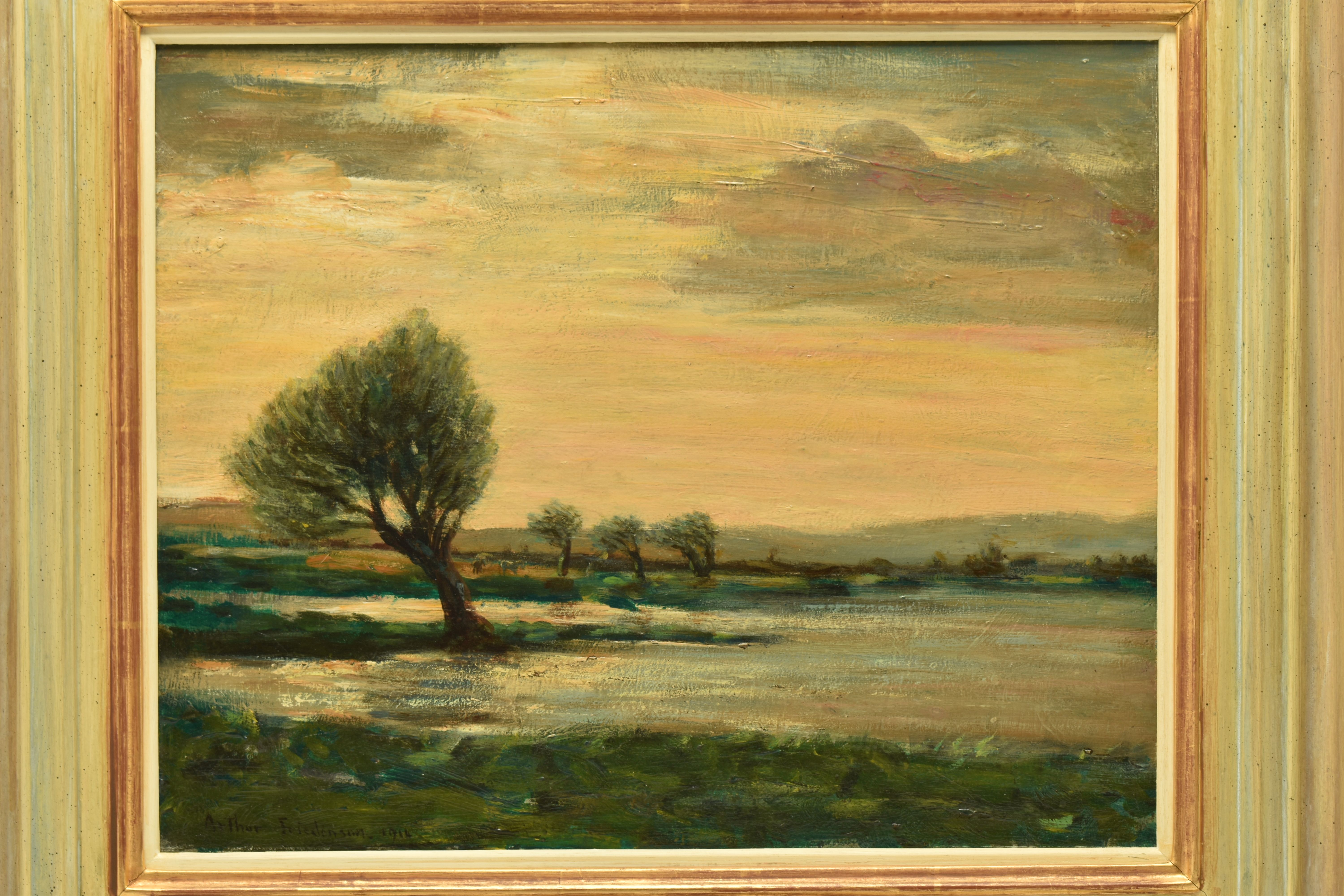 ARTHUR A. FRIEDENSON (BRITISH 1872-1955) WINDSWEPT TREES BESIDE A LAKE, a sunset landscape, signed - Image 2 of 6