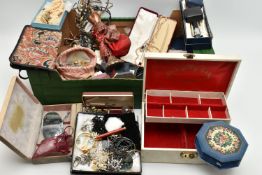A BOX OF ASSORTED COSTUME JEWELLERY AND ITEMS, to include beaded necklaces, imitation pearls,