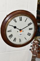 A MAHOGANY CASED CHIMING WALL CLOCK, having a painted dial with roman numeral hour markers,