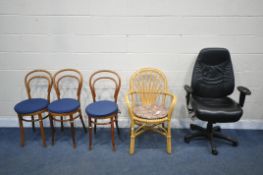 A WICKER ARMCHAIR, three bentwood chairs, and a black office chair (condition report: office chair