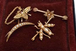 THREE EARLY 20TH CENTURY BROOCHES, the first a double brooch comprises of a bee and crescent, set