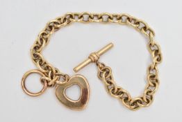 A BELCHER LINK BRACELET, suspending a heart charm to the T-bar clasp, clasp loop with 9ct