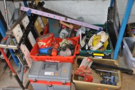 SIX BOXES CONTAINING TOOLS AND WORKSHOP CONSUMABLES including a vintage pull saw, a bar clamp, pop