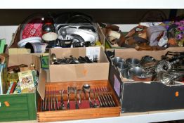 FIVE BOXES AND LOOSE METAL WARES AND SUNDRY ITEMS, to include vintage advertising tins and other