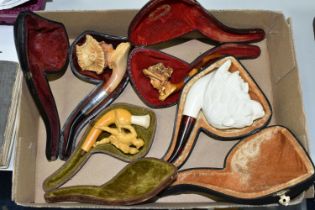 A BOX CONTAINING THREE LATE 19TH / EARLY 20TH CENTURY MEERSCHAUM PIPES AND A LARGE REPRODUCTION