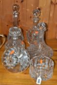 A GROUP OF CUT CRYSTAL DECANTERS, comprising a Waterford Crystal dish, a Stuart Crystal tilting