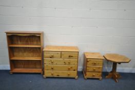 A PINE CHEST OF TWO SHORT OVER THREE LONG DRAWERS, length 88cm x depth 44cm x height 77cm, a three