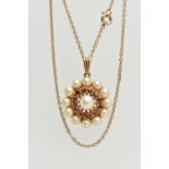 A 9CT GOLD CULTURED PEARL AND GARNET CLUSTER NECKLACE, a principle cultured pearl, set with a