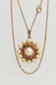 A 9CT GOLD CULTURED PEARL AND GARNET CLUSTER NECKLACE, a principle cultured pearl, set with a