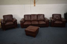 A BROWN LEATHER FOUR PIECE LOUNGE SUITE, comprising a three seater settee, length 216cm x depth 99cm