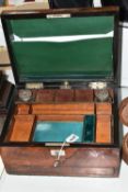 A VICTORIAN BURR WALNUT RECTANGULAR DRESSING CASE, the hinged lid with mother of pearl inset