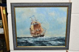 JOHN D. ROBERTS (BRITISH CONTEMPORARY) A SQUARE RIGGED SHIP UNDER SAIL IN CHOPPY SEAS, signed and