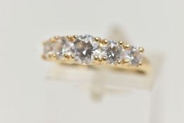 A 14CT GOLD FIVE STONE RING, set with five graduated circular cut, cubic zirconia, claw set to a