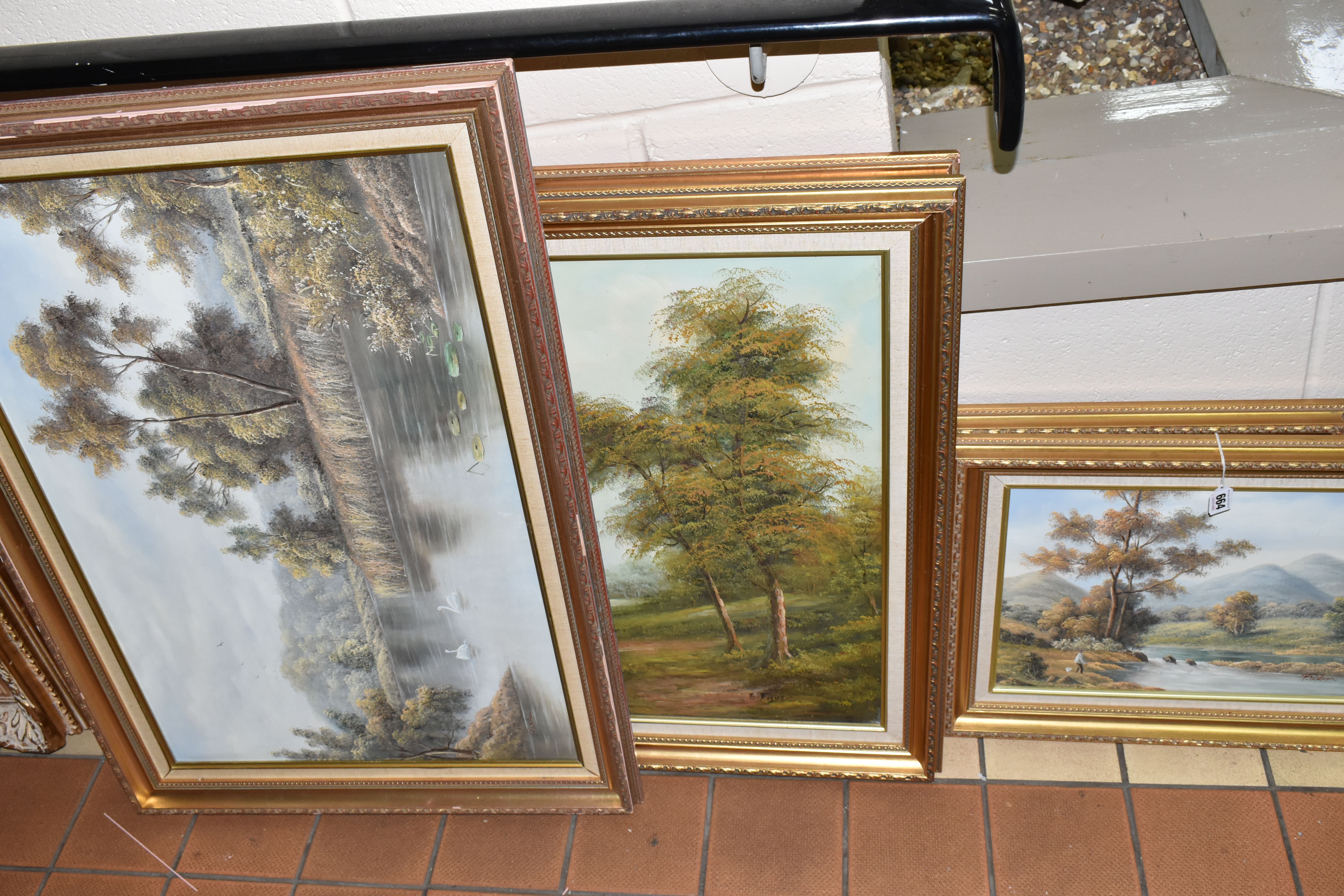 FIVE LATE 20TH CENTURY LANDSCAPE PAINTINGS, comprising four signed P. Wilson, largest