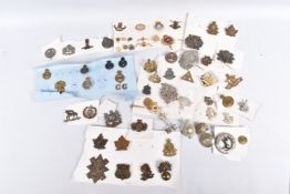 A NICE COLLECTION OF ASSORTED CAP BADGES, LAPEL BADGES AND COLLAR BADGES FROM VARIOUS ERAS, these