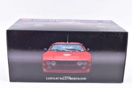 A BOCED KYOSHO LANCIA 037 RALLY PRESENTATION 1:18 SCALE MODEL VEHICLE, numbered 08304R, in red,