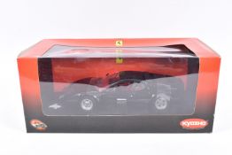 A BOXED KYOSHO HOT WHEELS FERARRI 365GT4/BB 1:18 SCALE MODEL VEHICLE, numbered 08173K, in black,