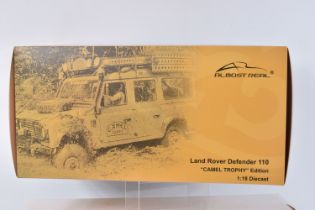 A BOXED ALMOST REAL LAND ROVER DEFENDER 110 CAMEL TROPHY EDITION 1:18 SCALE MODEL VEHICLE,