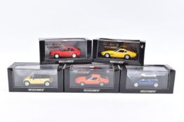 FIVE BOXED MINICHAMP 1:43 SCALE MODEL CARS, to include a 1973 Alfa Romeo Montreal in Arancio
