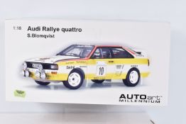A BOXED AUTOART MILLENIUM AUDI RALLYE QUATTRO S.BLOMQVIST 1:18 SCALE MODEL, numbered 88402, rally of