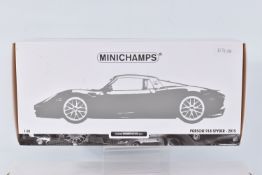 A BOXED LIMITED EDITION MINICHAMPS PORSCHE 918 SPIDER 2015 1:18 SCALE MODEL VEHICLE, numbered 110