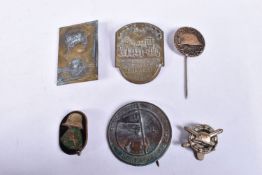 SIX AUSTRIAN CHRISTIAN SOCIALIST BADGES FROM 1930S, these include a stick-pin with a helmet and