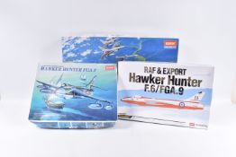 THREE ACADEMY HOBBY BOXED MODEL AIRCRAFT KITS, to include a 1:48 scale construction kit Hawker