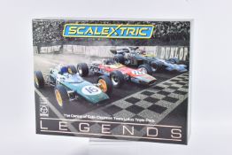 A BOXED LIMITED EDITION SCALEXTRIC LEGENDS THE GENIUS OF COLIN CHAPMAN TEAM LOTUS TRIPLE PACK,