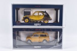 TWO BOXED NOREV COLLECTORS MODEL DIECAST VEHICLES 1:18 SCALE, the first is a Fiat 500 Gardiniera