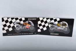 TWO BOXED MINICHAMPS PAULS MODEL ART MOTORCYCLE MODELS 1:12 SCALE, the first is a Honda RC211V