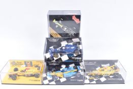 FIVE MINIATURE MODEL CARS IN PLASTIC DISPLAY CASES to include four Minichamp 1:43 Scale cars, a