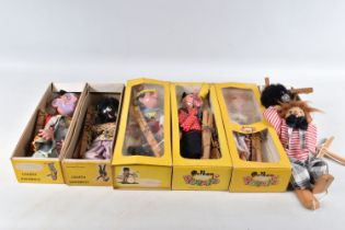 SIX BOXED PELHAM PUPPETS, SL Pinocchio, LA Poodle, SM Witch, with broom, SS Mitzi, SS Golly and SL63