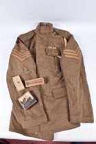 A WWI ERA BRITISH ARMY SERVICE DRESS TUNIC AND OTHER WWI COLLECTABLES, the jacket has Royal