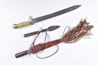 TWO BAYONETS AND A TRIBAL SPEAR HEAD, the bayonets include a European all metal rifle bayonet,