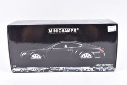 A BOXED MINICHAMPS BENTLEY CONTINENTAL GT 1:18 SCALE MODEL VEHICLE, numbered 100 139020, black body,