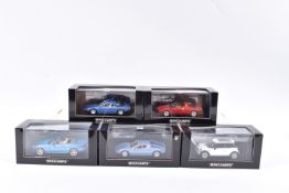 FIVE BOXED MINICHAMP 1:43 SCALE MODEL CARS, to include a 1974 Lamborghini Urraco in Blue Acapulco