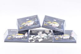 FIVE MINICHAMP MODEL CARS IN PLASTIC DISPLAY CASES, all 1:43 scale, to include a Williams Honda FW11