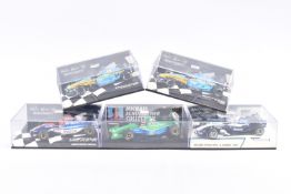 FIVE MINICHAMP MODEL CARS IN PLASTIC DISPLAY CASES, all 1:43 scale, to include a Jordan F1 1991