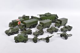 A QUANTITY OF UNBOXED AND ASSORTED PLAYWORN DINKY TOYS MILITARY VEHICLES, to include Thornycroft