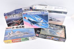 FIVE BOXED UNBUILT MODEL AIRCRAFT KITS, to include a Monogram 1:48 scale Thunderbirds F--100, kit