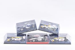 FIVE MINICHAMP MODEL CARS IN PLASTIC DISPLAY CASES, all 1:43 scale, to include a McLaren Mercedes MP