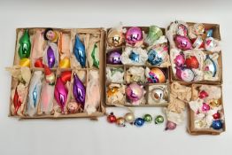 FOUR BOXES OF VINTAGE CHRISTMAS DECORATIONS, approximately fifty glass baubles of different shapes