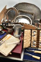 A BOX OF ASSORTED WHITE METAL, to include a tea pot with a matching milk jug and sugar pot, two