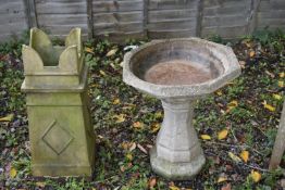 A CLAY SQUARE CHIMNEY POT, 28cm squared x height 74cm, and a composite octagonal bird bath, on a