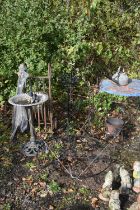 A SELECTION OF METALWARE, to include two pairs of plant stands, a bird bath, folding garden table, a