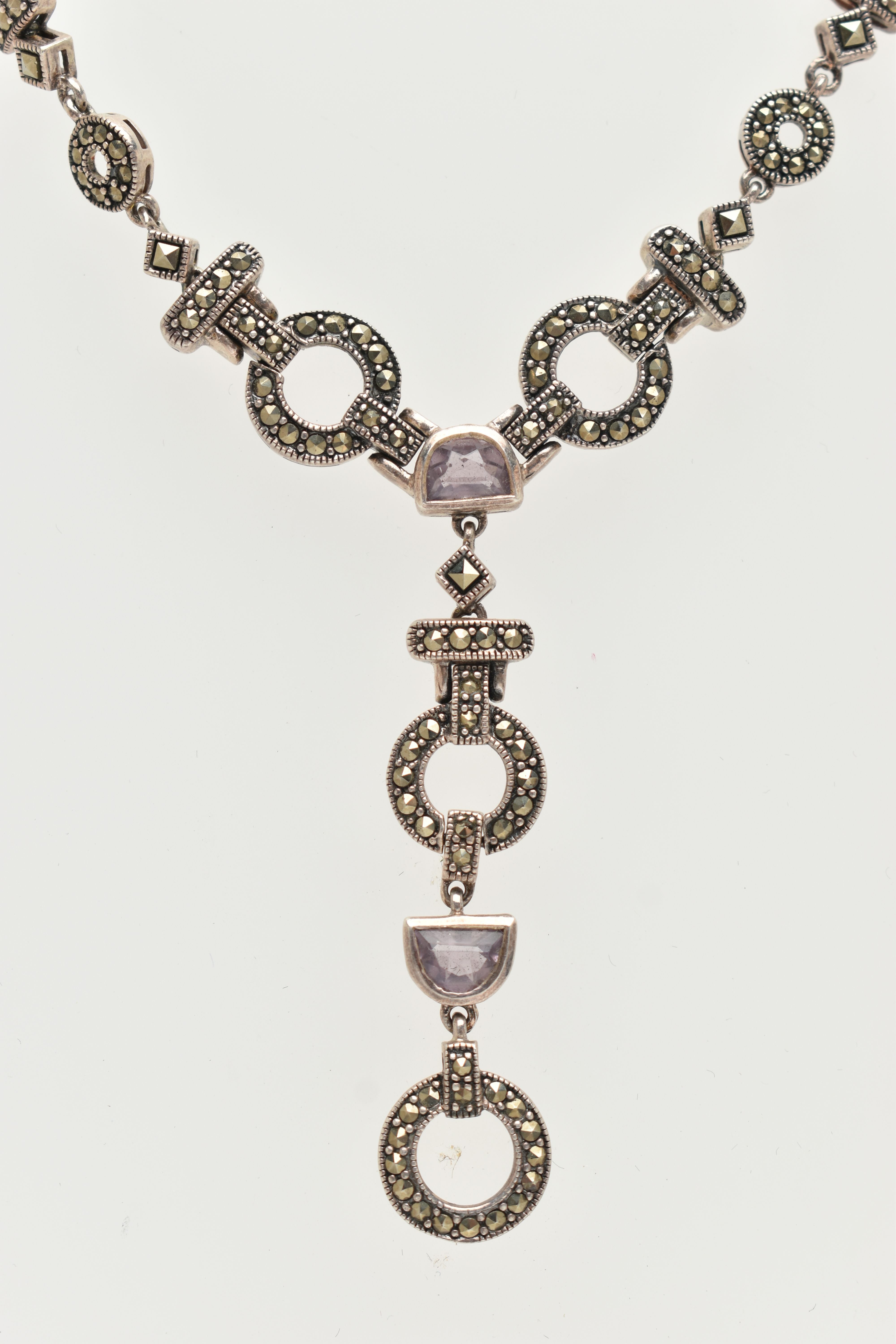 A MARCASITE AND AMETHYST NECKLACE, designed as circular, square and rectangular links joining at a - Image 4 of 5