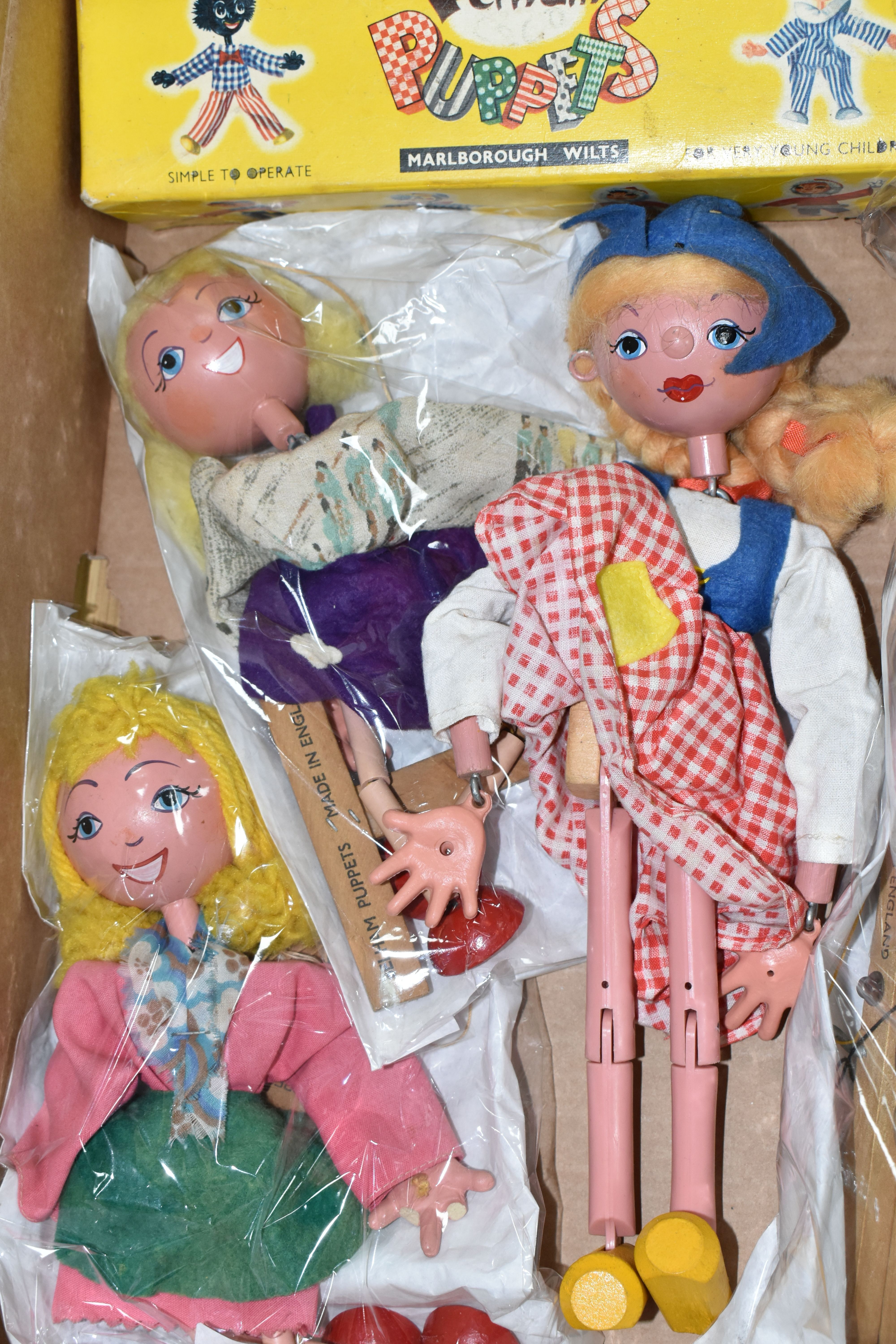 A BOX OF PELHAM PUPPETS, seven puppets comprising Cowboy, Dutch Girl, Wolf, Pinocchio, Bengo and two - Image 2 of 5