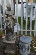 A COMPOSITE GARDEN WATER FEATURE, of a lady carrying a baby, on a separate plinth, height 125cm x